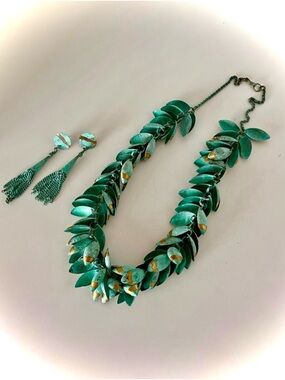 Jane Adam Statement Necklace Set Turquoise Leaf Sculptural Designer Earrings